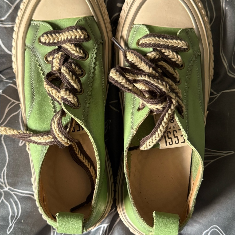Leather Platform Sneakers for Women Low-top Lace Up in Green